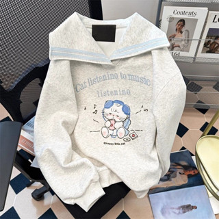 實物圖】秋天女裝 長袖上衣女 大學T 好穿又可愛!![刺繡工藝]百搭通懃甜美小貓刺繡學院風海軍領衛衣 學院風青春學生衣服