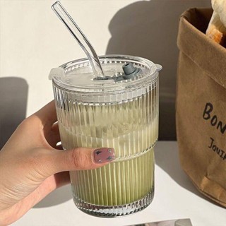 🛫【臺灣出貨】🛫【瘋搶中】北歐風ins豎條紋果汁飲料咖啡杯帶蓋帶吸管玻璃水杯