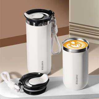 [生活綺夢小物館]350ml/500ml 時尚雙層不銹鋼咖啡杯帶繩防漏咖啡茶冷飲瓶汽車保溫瓶