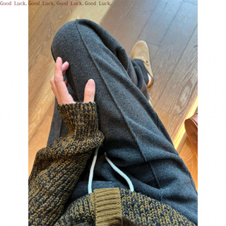 Lucky✨✨人字紋加絨闊腿褲子女鞦鼕加絨加厚寬鬆休閒褲高腰窄版毛呢直筒褲