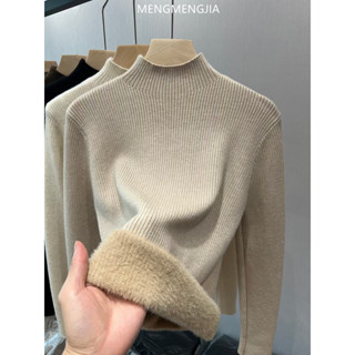 冬季加絨加厚針織打底衫女一體絨半高領套頭毛衣保暖內搭上衣純色