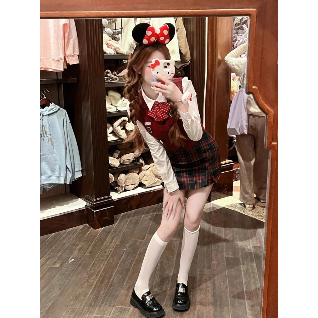 迪士尼穿搭韓係辣妹jk製服套裝女秋冬學院風針織開衫半身裙三件套 S-stay girls