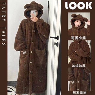 【睡衣專賣鋪】高顏值珊瑚絨睡衣女秋冬季加絨加厚保暖法蘭絨冬天中長款連帽睡袍
