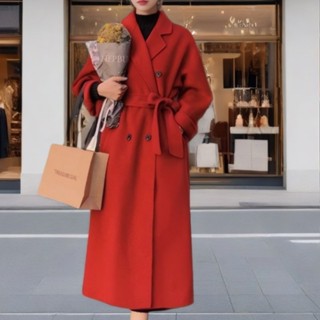 安可拉紅色毛呢外套女秋冬中長款加棉加厚2024新款高階感呢子大衣