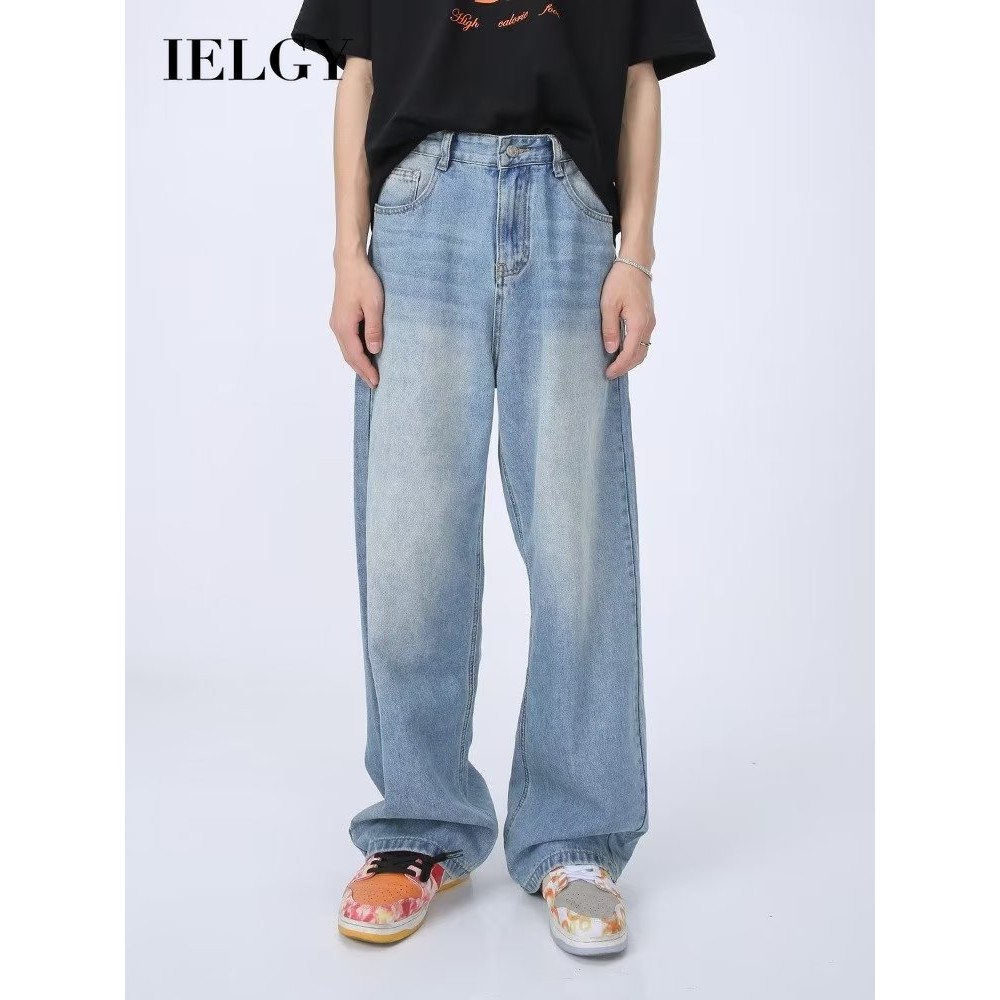 IELGY 闊腿復古男士牛仔褲韓版寬鬆直筒修身長褲