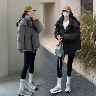 灰色愛心短款羽絨棉服23年新款男女情侶加厚小眾設計感麵包冬外套鋪棉外套 羽絨衣 寬鬆 正韓 蓬蓬外套 正韓外