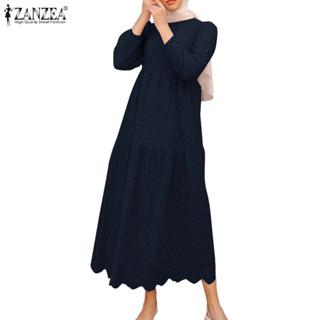 ZANZEA 女式韓國穆斯林時尚假日休閒鏤空刺繡長袖泡泡袖娃娃裝連衣裙