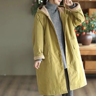 加絨加厚保暖中長款棉衣棉服女秋冬複古連帽寬鬆羊羔毛棉襖外套潮