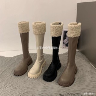 2種長度🫧 羊羔毛拼接PU厚底長筒靴女 秋冬加絨毛毛鞋 短筒雪地靴子 不過膝高筒騎士靴 增高厚底靴 真皮長靴 女生靴子
