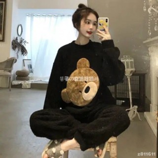 冬天睡衣│ INS刺繡卡通小熊珊瑚絨睡衣女 秋冬加厚甜美可愛卡通法蘭絨居家服套裝 套頭圓領長袖上衣+直筒長褲睡衣套裝
