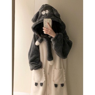 【睡衣專賣鋪】珊瑚絨睡袍女款冬季網紅風連帽睡衣加絨加厚家居服2024新款長袍冬