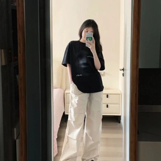 《現貨下單》100%純棉黑色美式復古短袖t恤女夏季新款寬鬆上衣設計感小眾女 t恤短袖女上衣短袖短袖t恤短袖t恤女over