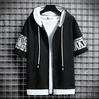 【XT 衣淼】男士短袖連帽上衣服韓版修身拉鏈外衣休閑外套夾克男