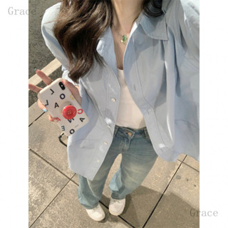 臺灣齣貨Grace 韓係休閒寬鬆長袖襯衫女夏季新款中長款防曬外套上衣 防曬上衣