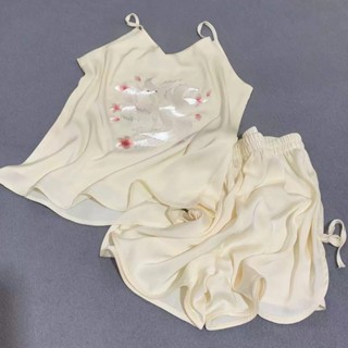 D0521刺繡吊帶冰絲套裝日常中國風背心絲質睡衣打底衫 睡衣套頭家居服寬鬆絲綢睡衣套裝性感睡衣居家服