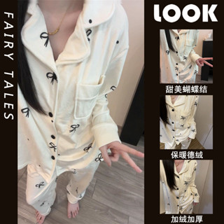 【有幸時光】ins甜美波點蝴蝶結睡衣 德絨睡衣女 春秋冬季睡衣女 加絨加厚睡衣 可外穿睡衣 居家服套裝 韓系氛圍睡衣套裝