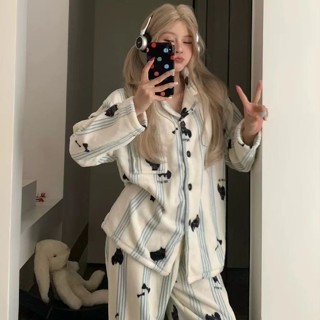 【有幸時光】條紋睡衣 法蘭絨睡衣女 春秋冬睡衣 加厚加絨睡衣 可愛卡通小黑貓睡衣 家居服 睡衣套裝 長袖睡衣 毛絨睡衣