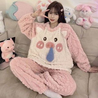 2024冬季珊瑚絨睡衣女加厚卡通可愛鼻涕豬法蘭絨家居服套裝