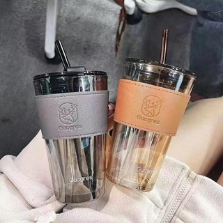 Gucgres 外賣玻璃杯 450ml 帶蓋、皮套和彩色吸管