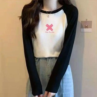 胖胖美依 上衣 長袖T卹 印花上衣 中大尺寸 打底衫 保暖 S-XL新款ins撞色顯瘦打底拼接遮肉內搭上衣-2527.