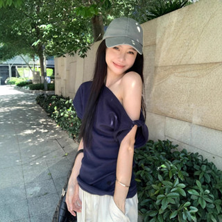 華夫格斜肩短袖女生 T恤 韓版 上衣 修身顯瘦 大尺碼 夏季女裝 時尚百搭 純色簡約