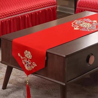 中式紅色喜字結婚桌旗桌布刺繡圓喜條茶几餐桌電視櫃巾喜慶婚禮風格紅色婚禮桌旗桌布繡花圈 dongzibaihuo.my20
