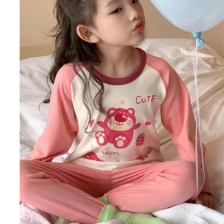 舒適保暖兒童秋冬睡衣德絨套裝拚色男童女童保暖內衣洋氣睡衣庫洛米草莓熊熱銷女童德絨睡衣