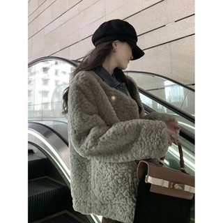 【SHINE GIRL】灰色雙排扣小香風毛毛外套女2024春秋季新款 寬鬆韓版百搭 美式 上衣