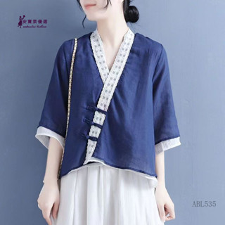 A535安寶萊 大尺碼民族風上衣 民國風棉麻漢服 蕾絲斜襟盤扣係帶七分袖襯衫女 棉麻復古茶服 夏季女裝 女裝 短袖上衣