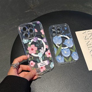 藍色花朵透明磁性保護殻適用於 iPhone16/IPHONE/mini/promax/12 TPU 軟透明保護套13/1