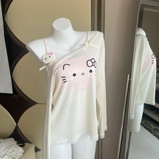 Sunscreen cover shirt 貓咪卡通印花T恤罩衫女寬鬆慵懶辣妹薄款防曬長袖上衣潮 cheng71.m