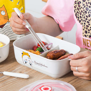 便攜微波飯盒 便當盒 tempat nasi 密封帶蓋分隔便當微波爐專用學生成人上班族保鮮的陶瓷碗分格飯盒