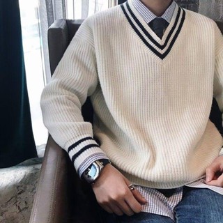 NANS 臺灣現貨 男生毛衣 秋季文藝青年小清新拼接撞色V領毛衣男套頭寬鬆針織衫線衣潮外套