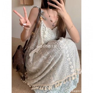 🖤美翻天 法式復古流蘇拼接甜美連身裙子女夏季新款顯瘦氣質吊帶無袖中長裙 百搭顯瘦夏天洋裝 韓版女生裙子 連衣裙
