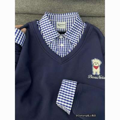 【 𝑭𝒍𝒐𝒘𝒆𝒓𝒔𝒆𝒂】美式 學院風 刺繡小熊胸標 拼接格子 假兩件大學T 寬鬆 慵懶風 刷毛大學T