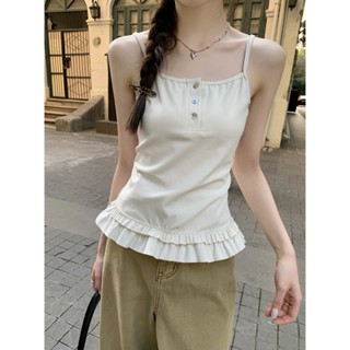 【HOT 本舖】 夏季韓版甜美減齡紐扣設計感荷葉邊純棉吊帶背心T恤上衣