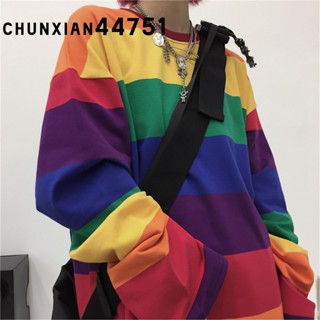 店小萌秋季新款韓版彩虹條紋長袖T恤女學生早秋寬鬆泫雅風洋氣上衣
