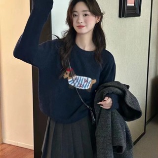 韓版卡通臘腸小狗圓領針織衫女秋季減齡休閒長袖毛衣寬鬆上衣們得哦我的 LHR2