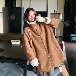 【臺灣出貨】 2024冬新款美拉德咖色皮毛一體外套女高階感麂皮絨加厚小個子大衣