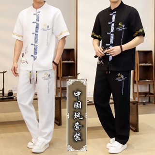 緊身時尚2025新中式男士套裝冰絲短袖復古t恤休閒長褲民族風兩件套LF5.9