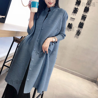 三宅褶皺 單排扣風衣中長款 外套女生韓版 大衣外套女生 韓版外套 外套女生鞦鼕韓版 女大衣外套 寬鬆外套A5小音優選~