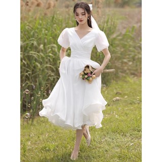 新品熱銷小禮服訂婚白色輕婚紗領證小白裙法式在逃公主平時可穿聚會連衣裙