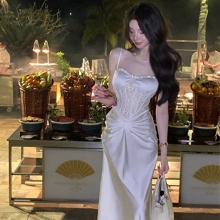 品質無憂# 女神降臨~春裝質法式名媛蕾絲拚接吊帶褶皺長款連衣裙女禮服裙