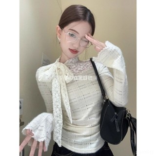 🩶韓女蝴蝶結繫帶上衣襯衫 蕾絲打底 秋冬設計感純欲蝴蝶結飄帶蕾絲打底衫 內搭女 INS長袖襯衫上衣 秋冬蝴蝶結上衣