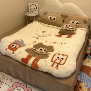 法蘭絨床包 床包組 牛奶絨床包 韓國床包組 可愛床包 卡通可愛漢堡牛奶絨床上四件套冬季加厚珊瑚羊羔絨被套床單三件套四件套