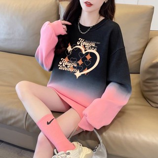 衣時尚 長袖T卹 學院風 印花上衣 秋冬女裝 M-2XL 新款後包領薄全件壓線漸變色圓領衛衣TCF02-TP7057H.