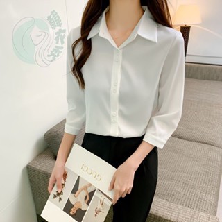 2025夏季新款襯衣中袖上衣女洋氣小眾設計寬鬆顯瘦時尚百搭氣質七分袖 多巴胺穿搭 夏季襯衫 韓版襯衫 氣質襯衫【韓衣秀】