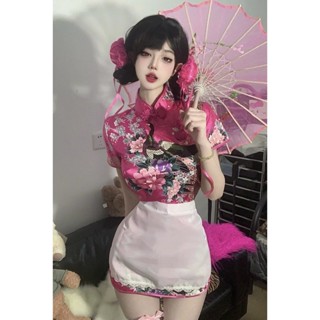 【6057人收藏】純欲風改良旗袍印花洋裝新中式蕾絲邊圍裙cos新中式國風套裝裙 98LU