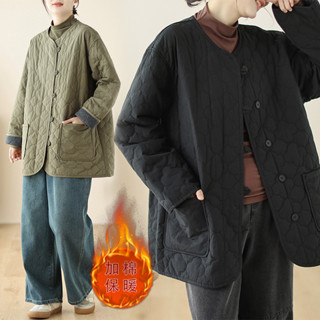 實拍冬季簡約夾棉棉衣單排扣中長款顯瘦雙口袋菱格棉服外套