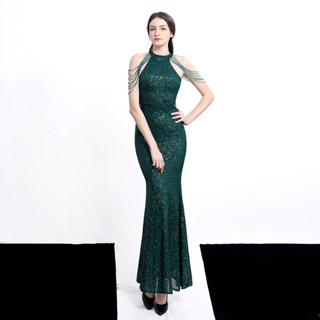 ParrotFashion新款宴會氣質優雅長款掛脖訂鑽亮片氣場女王魚尾晚禮服